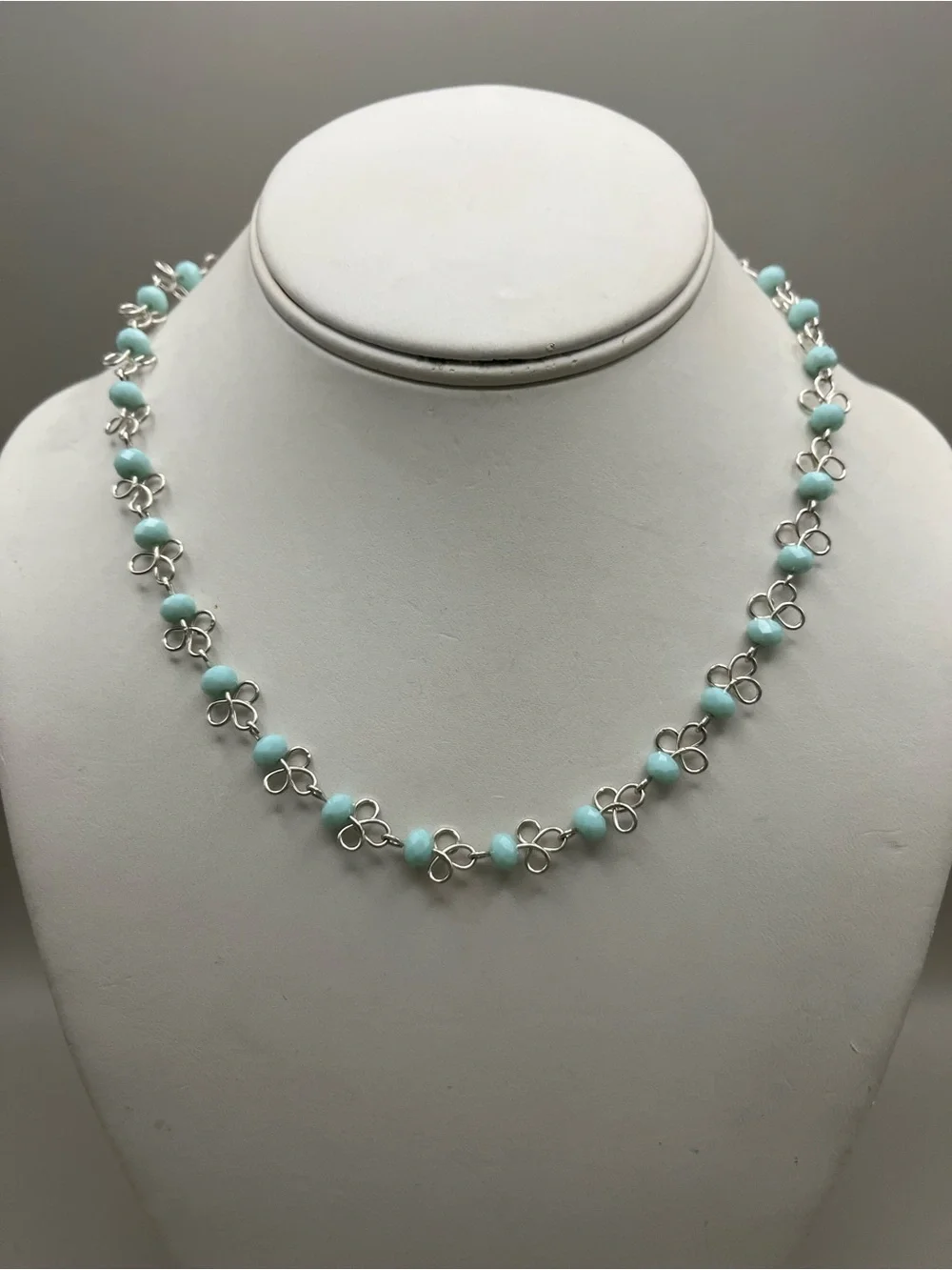Sterling Silver Aqua Bead Floral Link Necklace - Women Jewelry
